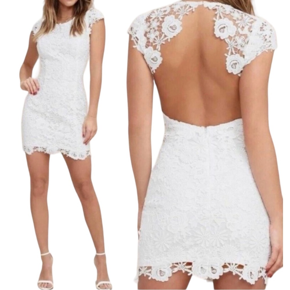 Lulu's White Lace Cap-Sleeve Open-Back Mini Dress